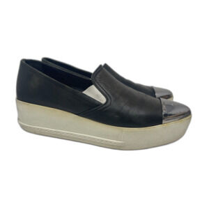 MIU MIU Black Leather Silver Metal Cap Toe Slip On Platform Sneaker EU 38 Italy